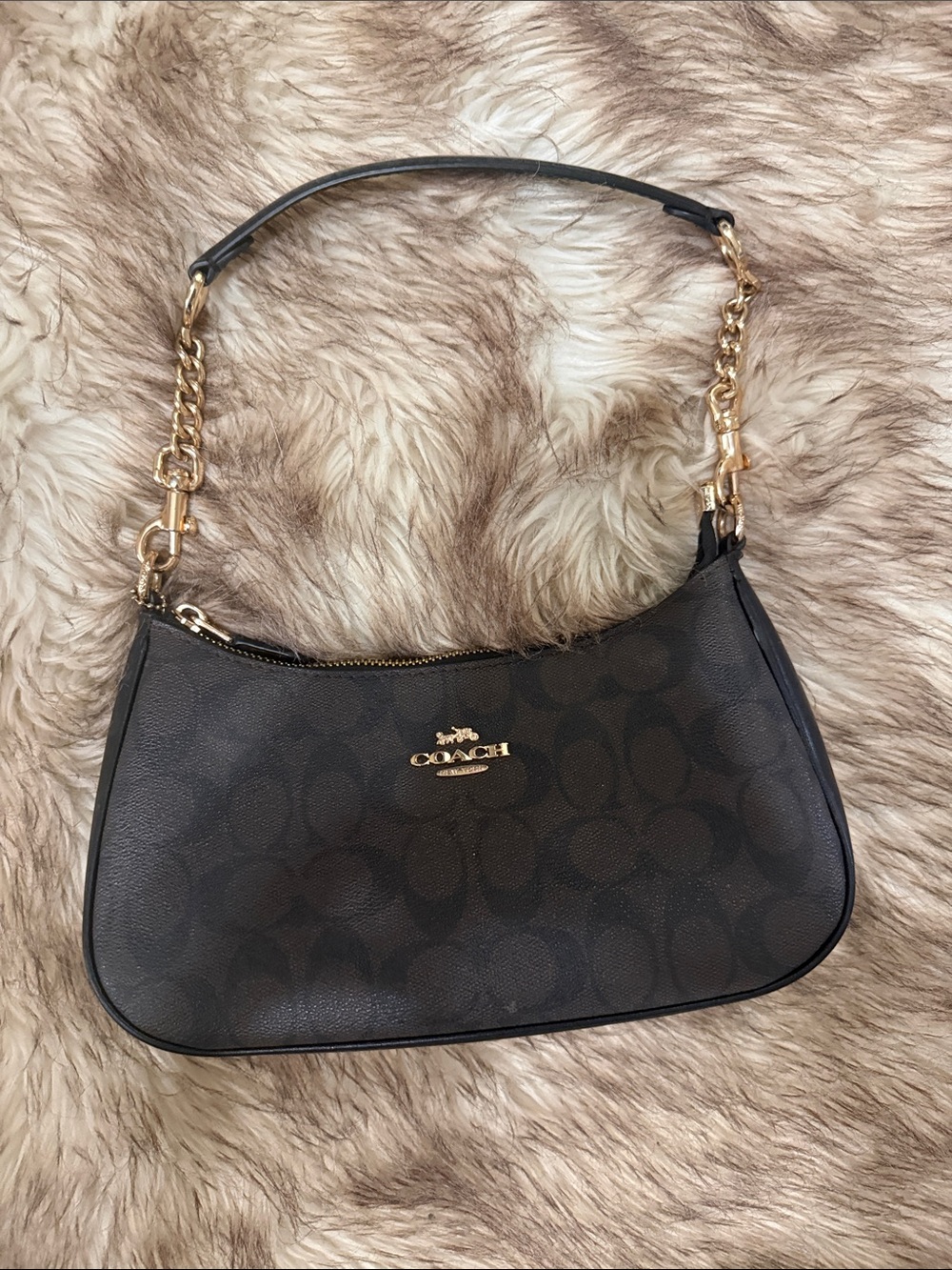 Coach Dark Brown Signature Canvas Shoulder Bag with Gold Hardware